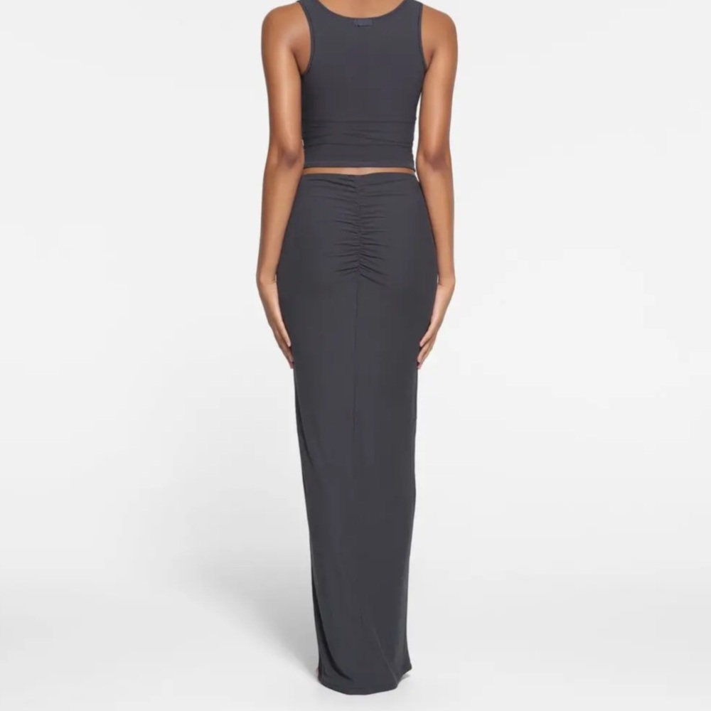 Skims Soft Lounge Ruched-front Long Skirt In Graphite - Picture 2 of 13